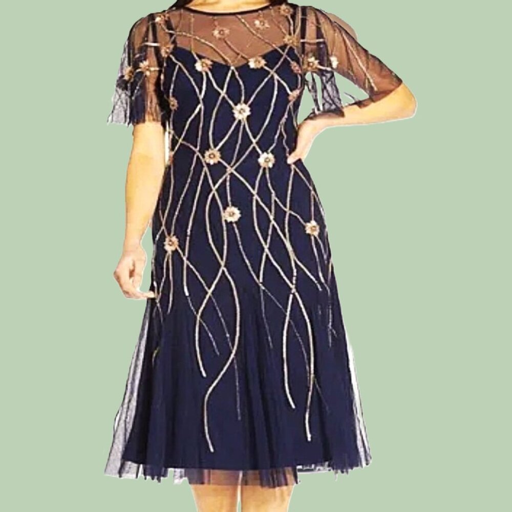 Adrianna Papell- Flutter-Sleeve Embellished Party Dress Size 8
